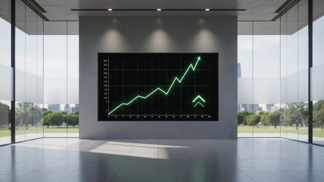 A single glowing stock-market ticker board showing an IPO listing in dramatic red and green light, one clear focal screen against a dark clean background, high-contrast photorealistic close-up, no text or watermark