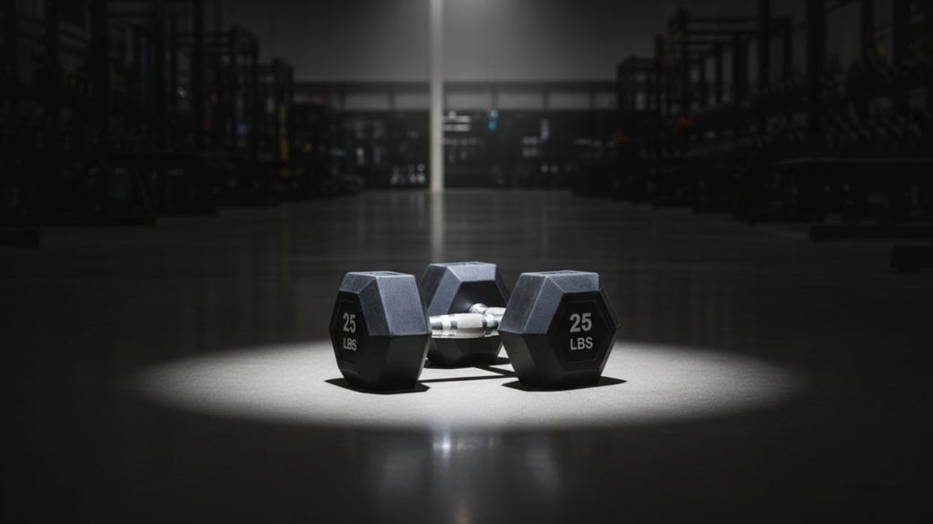 A single pair of dumbbells resting on a clean retail-store floor under a bright spotlight in dark surroundings.