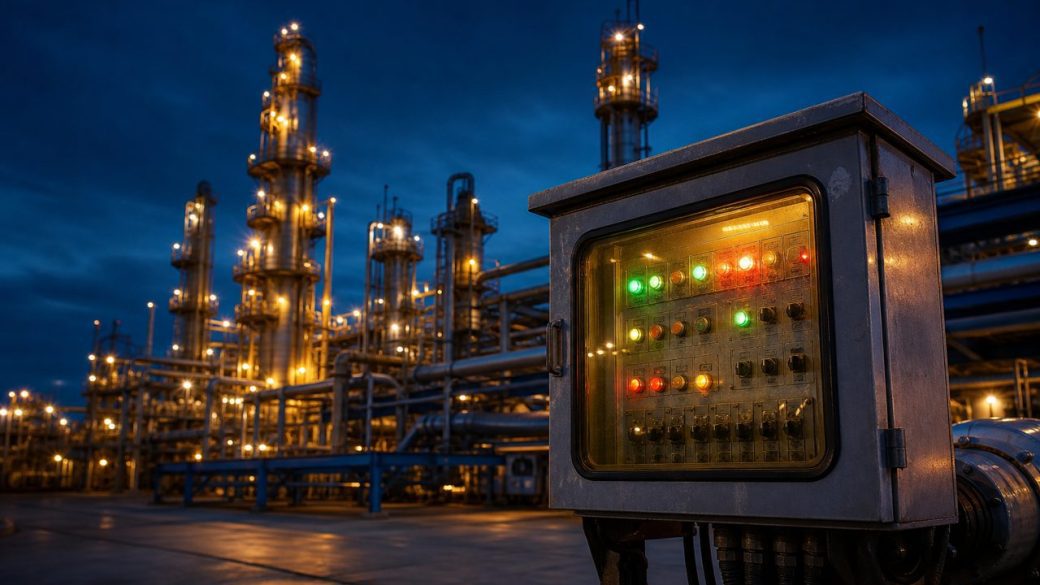 A modern chemical manufacturing plant lit at dusk with glowing pipes and towers, a single illuminated control panel in focus, dark uncluttered sky, high contrast, no text