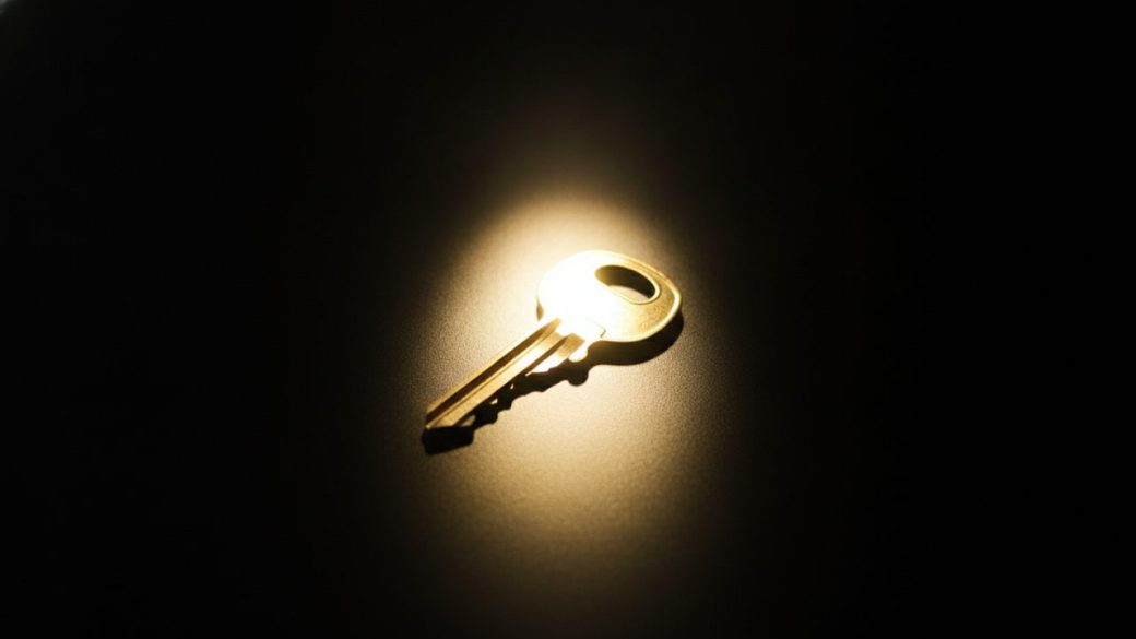 A single brass office key glowing under a bright spotlight on a dark uncluttered surface, dramatic high-contrast lighting, no text or logos