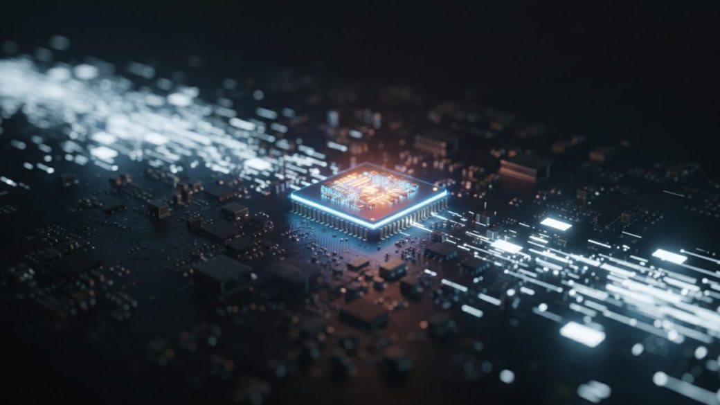 A close-up of a single glowing computer chip on a dark circuit board, with blurry static noise on the left edge sharpening into crisp blocks of light on the right, suggesting random noise turning into order
