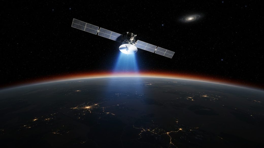 A single low-orbit broadband satellite beaming a signal down toward a dark rural Earth horizon, dramatic high-contrast lighting against a clean star-lit sky, no text