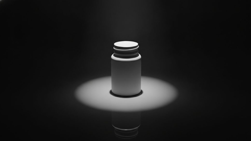 A single white medicine bottle standing on a clean dark surface under a dramatic high-contrast spotlight, no text or logos, uncluttered background
