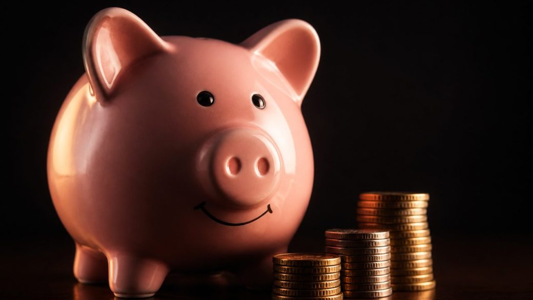 A single large piggy bank in warm dramatic light against a clean dark background, coins stacking beside it, high-contrast composition symbolising EPF retirement savings