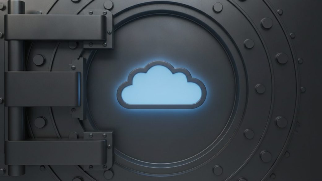 A glowing blue cloud icon locked inside a metal vault door, single focal subject, dramatic high-contrast lighting, clean dark background