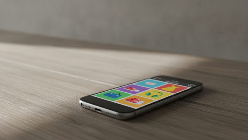 A single smartphone held in one hand showing a glowing chat-style shopping app with a faint Mickey Mouse silhouette of light above the screen, clean uncluttered background, dramatic high-contrast lighting, no text or watermark.