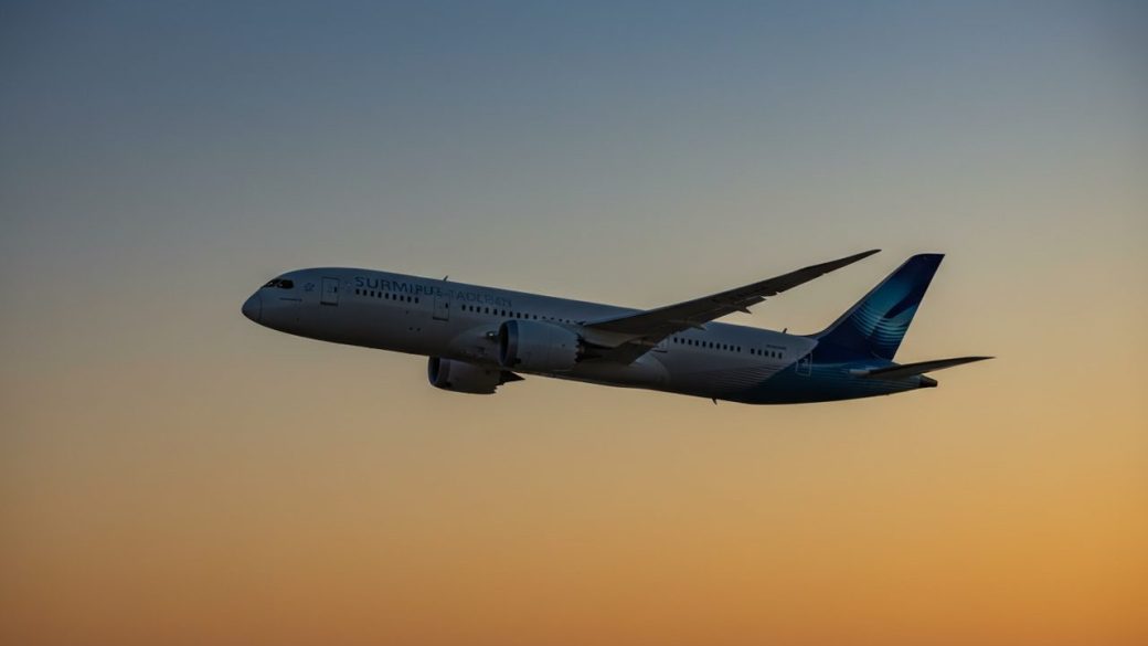 A single commercial airplane silhouetted against a dramatic sky at dusk with a faint glowing AI route grid overlay, clean uncluttered background, high-contrast cinematic photorealistic shot, no text or watermark.
