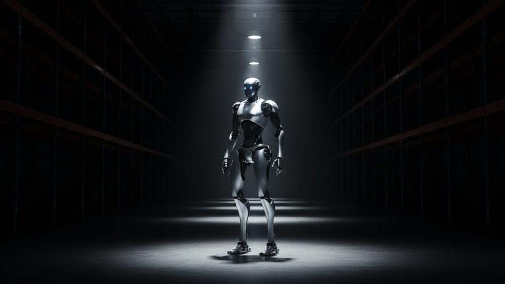 A single sleek two-legged humanoid robot standing alone in an empty warehouse aisle under dramatic overhead light, clean uncluttered background, high contrast