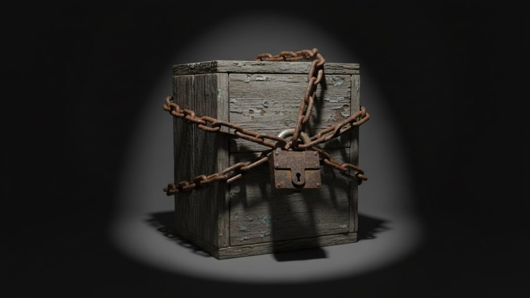 A single weathered NGO donation box wrapped in a heavy steel chain and padlock, set against a clean dark background with a dramatic spotlight, symbolizing tightened control over foreign funding, photorealistic, high contrast, no text