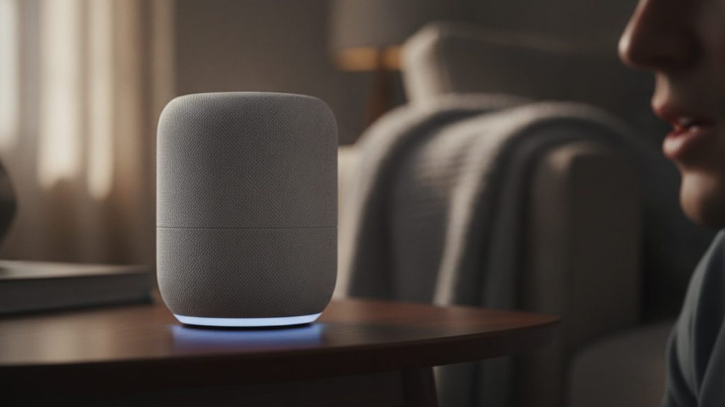 A rounded fabric-wrapped Google Home smart speaker on a wooden side table in a softly lit living room, its base light ring glowing as a person speaks to it