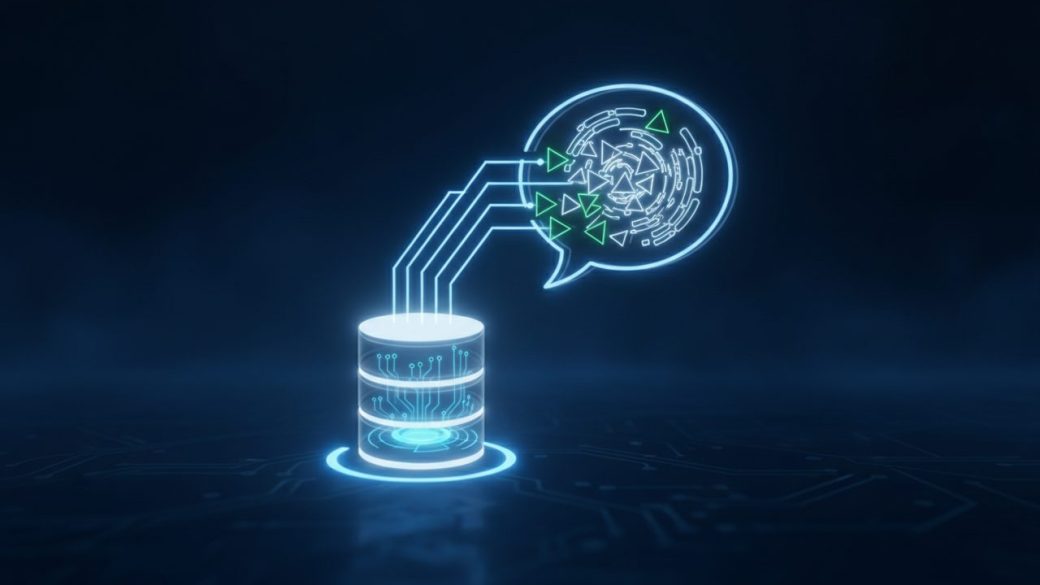 A glowing database server icon connected by light streams to a chat speech bubble, symbolizing plain-language questions turning into database queries, on a clean dark blue tech background