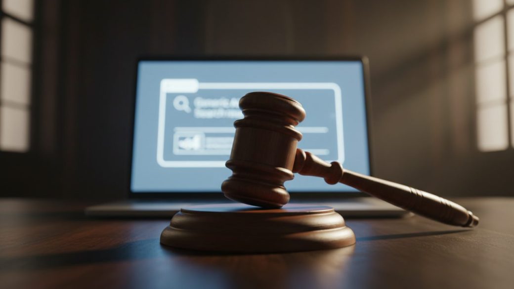 A wooden judge's gavel resting on a sounding block in front of a glowing laptop screen showing a generic AI search answer box, dramatic courtroom lighting, shallow depth of field