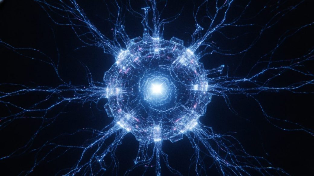 A glowing AI neural-network core on a dark background, single bright focal node with branching light trails, dramatic high-contrast lighting, no text