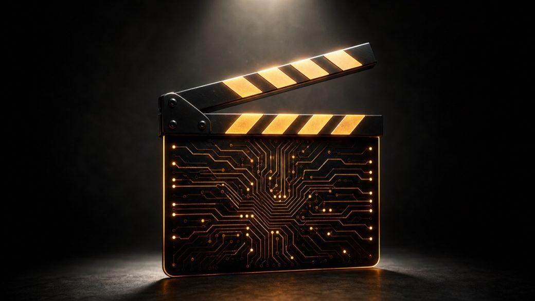 Glowing film clapperboard fused with circuit-line patterns on a dark studio set, symbolizing AI deals across media and film