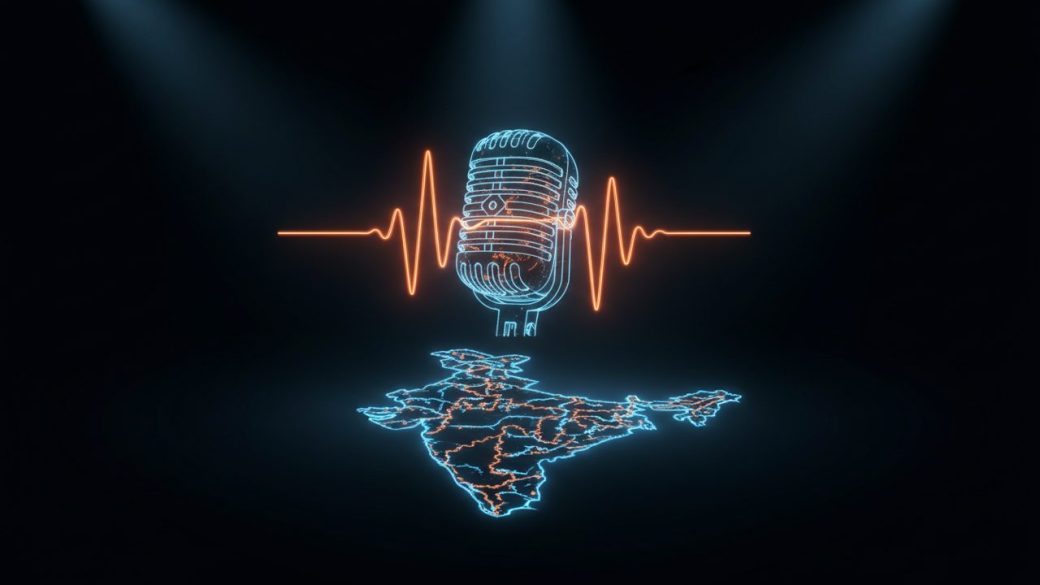 A single glowing sound wave shaped like a microphone over a stylised map of India, dramatic high-contrast lighting, clean dark background, no text
