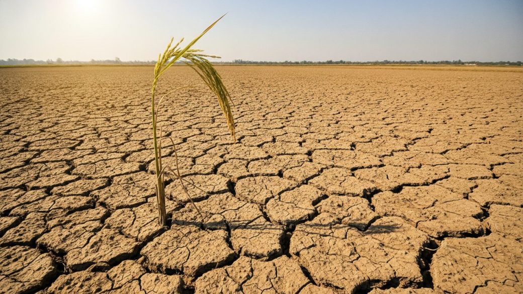 A single dry cracked rice paddy field under a harsh blazing sun, lone wilting green stalk in focus, clean empty sky background, dramatic high-contrast golden light, no text or logos