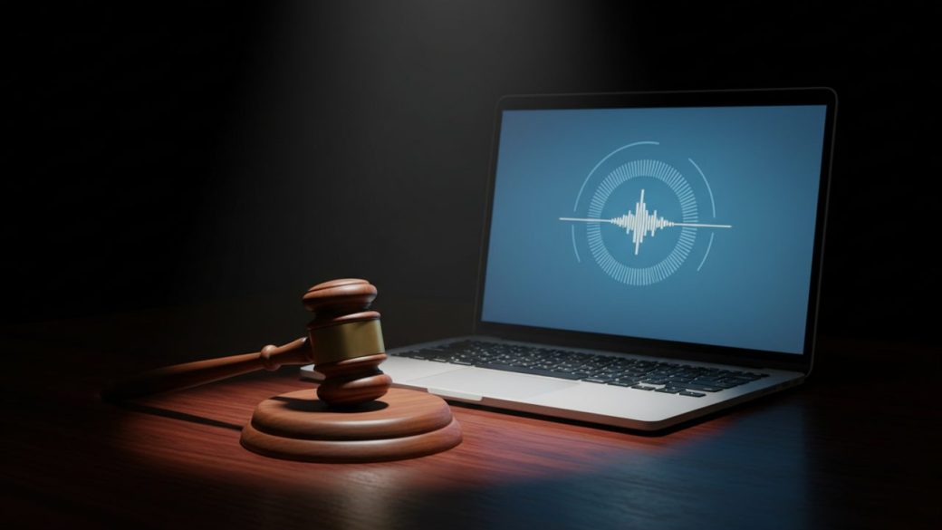 A single judge's wooden gavel resting on a glowing search bar, dramatic side lighting, deep shadows, clean dark background, high contrast, no text or logos