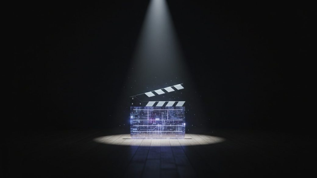 A glowing AI film clapperboard standing alone on a dark Hollywood-style stage, dramatic spotlight, high-contrast cinematic composition, no text