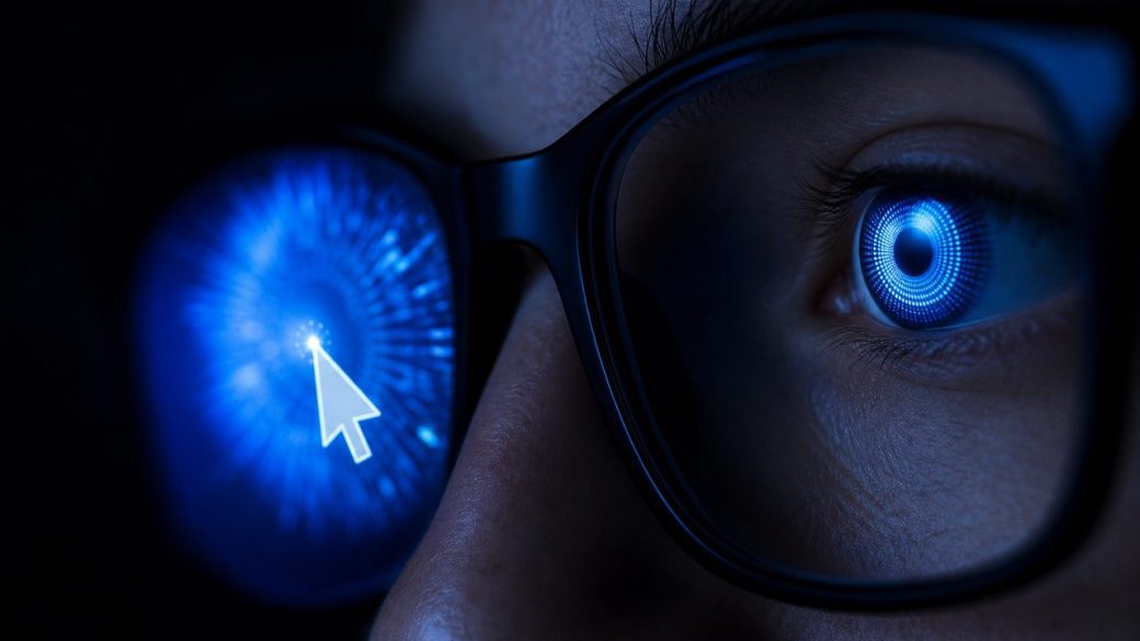 A glowing AI eye reflected in a computer screen with a cursor mid-click, dramatic blue rim lighting against a clean dark background, single focal subject, high contrast