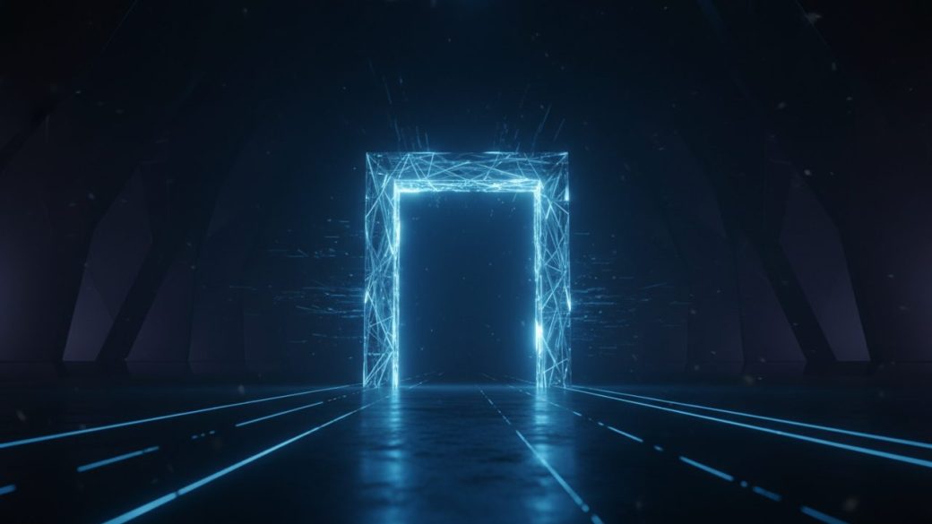 A single glowing API gateway portal standing on a dark uncluttered floor, dramatic high-contrast blue light beaming through it, no text or logos