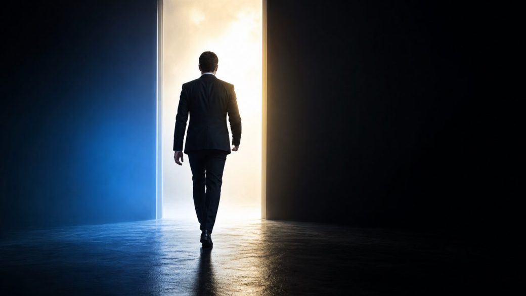 A lone figure in a suit walking through a glowing doorway away from a fading Google-blue glow toward a brighter light, dramatic backlight, clean dark background, single focal subject, high contrast