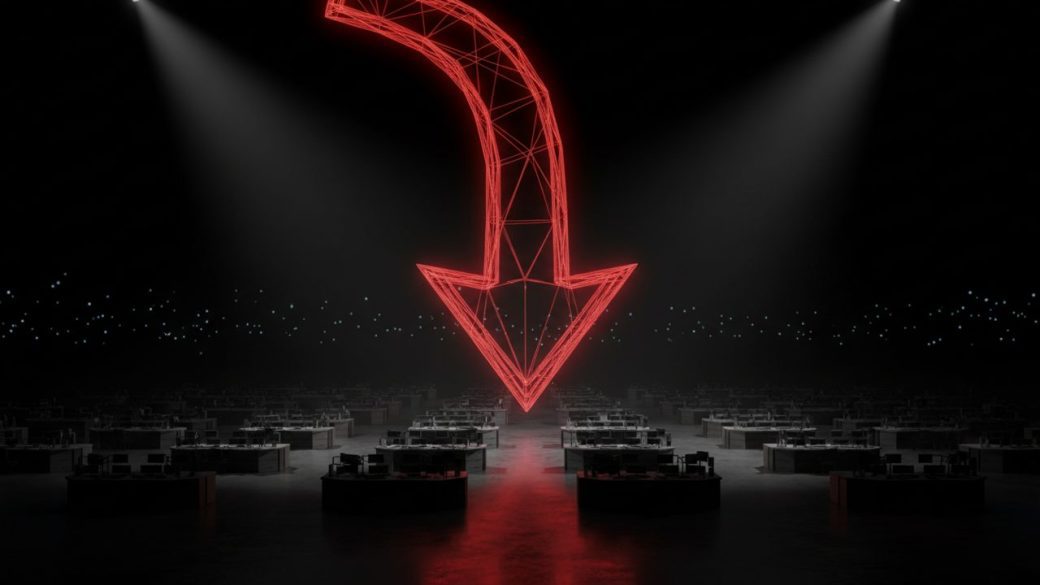 A single red downward stock arrow towering over a dim trading floor, dramatic high-contrast lighting, one focal subject, clean dark background