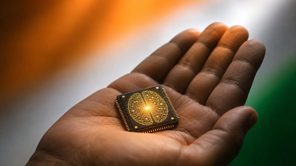 A single glowing AI brain chip resting on the open palm of a hand, India tricolour soft light in the background, dramatic lighting, clean uncluttered composition, no text