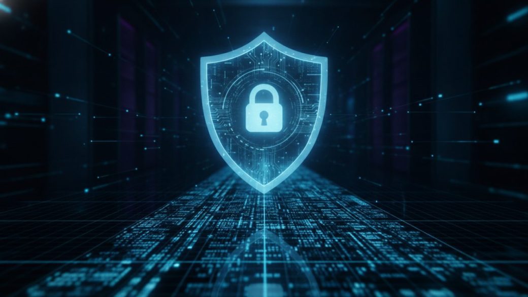 A single glowing blue digital shield hovering over a dark grid of flowing computer code, with a soft padlock at its center symbolizing AI-powered cybersecurity defense