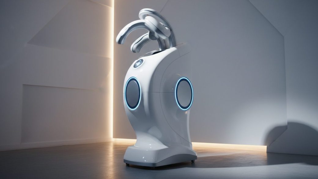 A single sleek white robotic braiding device gently working a section of dark braided hair, clean softly-lit studio background, shallow depth of field, dramatic high-contrast lighting, no text or watermark.