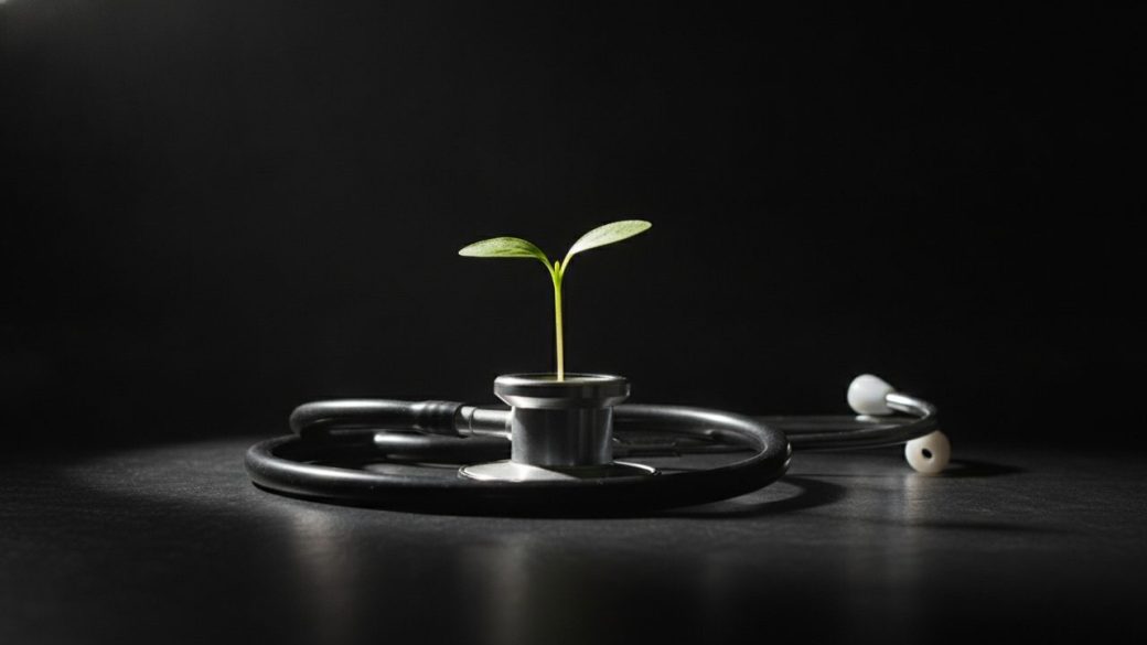 A single sprouting green seedling rising from a stethoscope coiled on a dark surface, dramatic side lighting, high contrast, clean uncluttered background, no text or logos