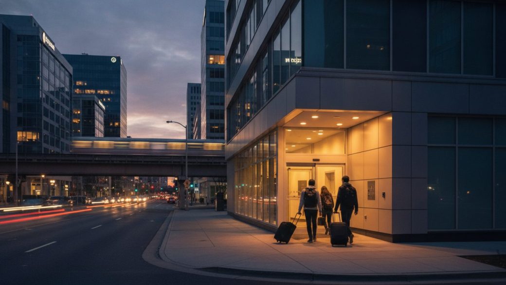 Exterior of a modern budget-friendly Spark by Hilton hotel building in Bengaluru's Marathahalli tech corridor at dusk, glowing lobby entrance, travellers with wheeled suitcases walking in
