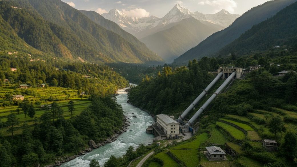 A run-of-the-river hydropower station nestled in a green Himalayan valley in Himachal Pradesh, with a fast-flowing river driving water through penstock pipes toward a powerhouse, snow-capped peaks in the background