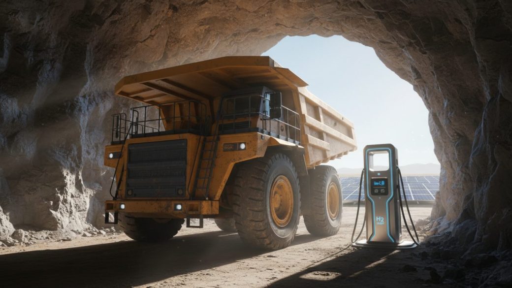A heavy yellow mining truck parked in a sunlit underground rock tunnel beside a sleek hydrogen fuelling station, with renewable solar panels visible at the mine entrance in the background