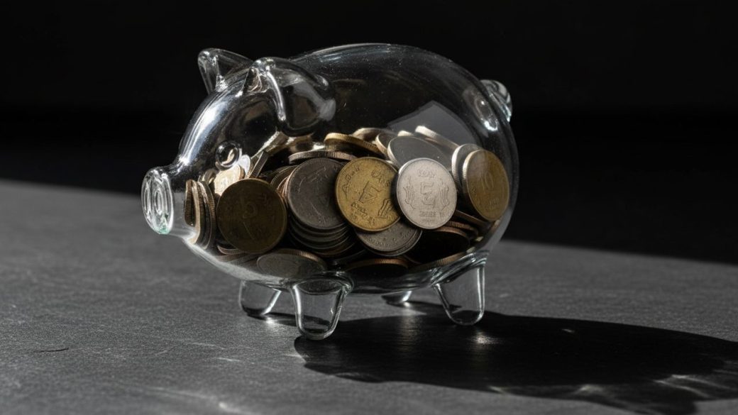A single clear glass piggy bank half-filled with Indian rupee coins on a clean dark surface under dramatic side lighting, a faint downward arrow shadow behind it, sharp focal subject, no text or watermark, high-contrast clickable composition