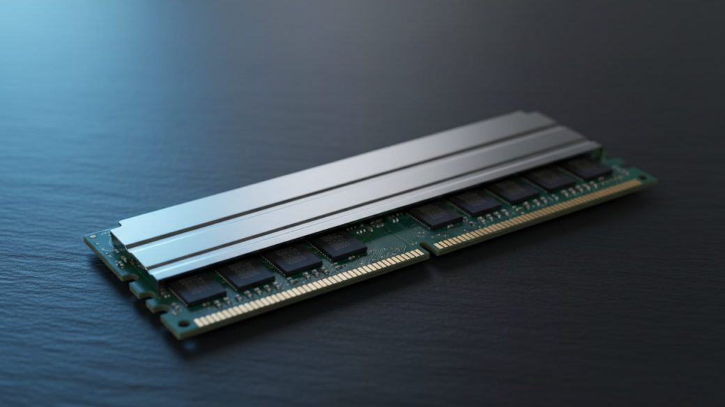 A single glowing high-bandwidth memory chip held in tweezers against a dark plain background, dramatic spotlight, high contrast, photorealistic, no text or logos