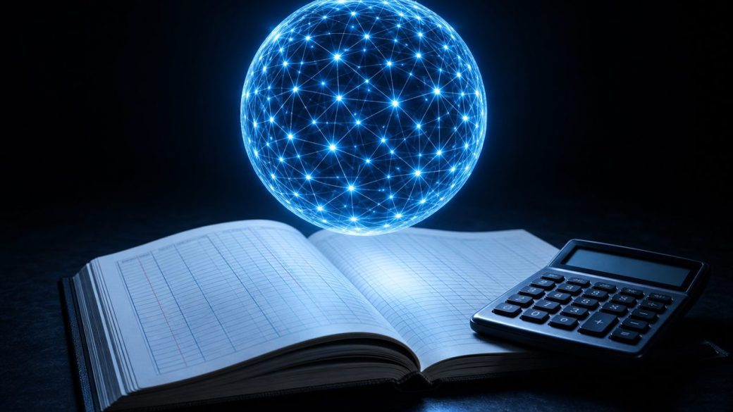 A glowing blue AI neural-network sphere hovering over an open accounting ledger and a calculator, dramatic rim lighting against a clean dark background, high contrast, no text