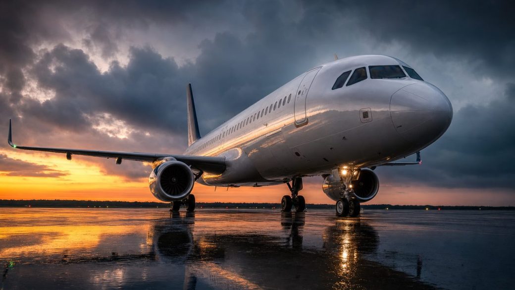 A single passenger jet on a wet airport tarmac at dusk, dramatic low-angle lighting, dark storm clouds behind, clean uncluttered background, high contrast, no text