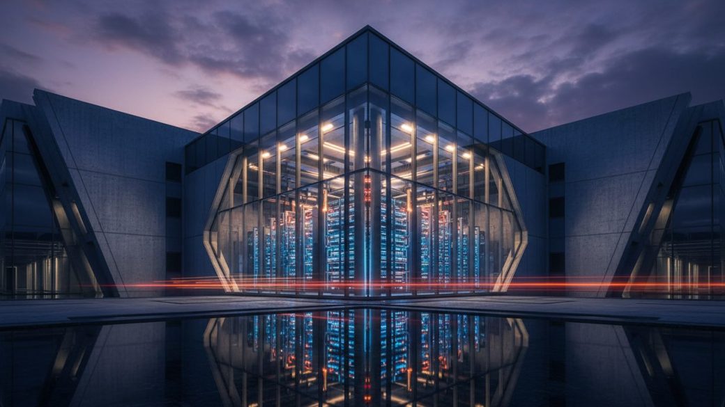 A sleek modern Indian data centre building with rows of glowing servers, single focal subject, clean background, photorealistic.
