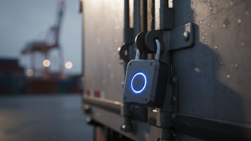A single rugged smart padlock mounted on a cargo truck's rear door, glowing status light, dramatic lighting, clean blurred background, photorealistic, high contrast, no text