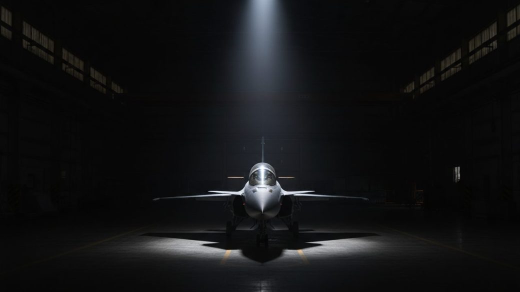 An Indian-built fighter aircraft on a factory floor under dramatic spotlight, clean dark background, high-contrast single-subject composition, no text