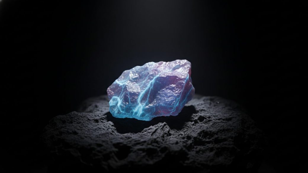 A single glowing chunk of raw lithium ore on dark rock, dramatic spotlight, clean uncluttered background, high-contrast composition, no text