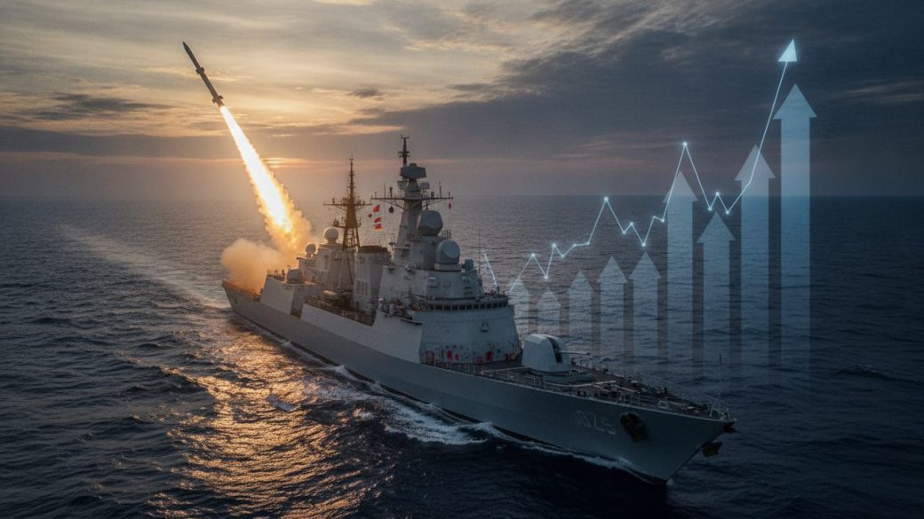 India defence push illustration with BrahMos missile, a navy warship and defence PSU stock charts