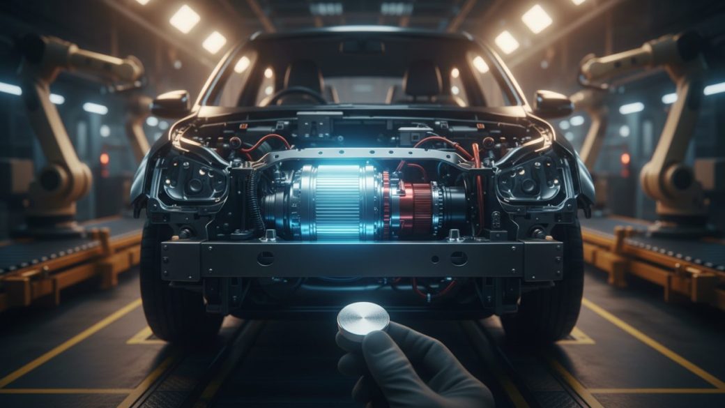 An Indian electric car on a factory assembly line with a glowing electric motor and a small rare-earth magnet held in focus in the foreground