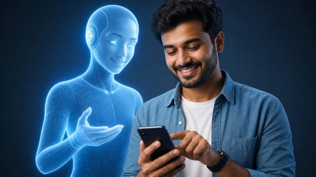A friendly glowing humanoid AI assistant hologram standing beside a smiling Indian smartphone user, dramatic high-contrast lighting on a clean background, single focal subject, no text