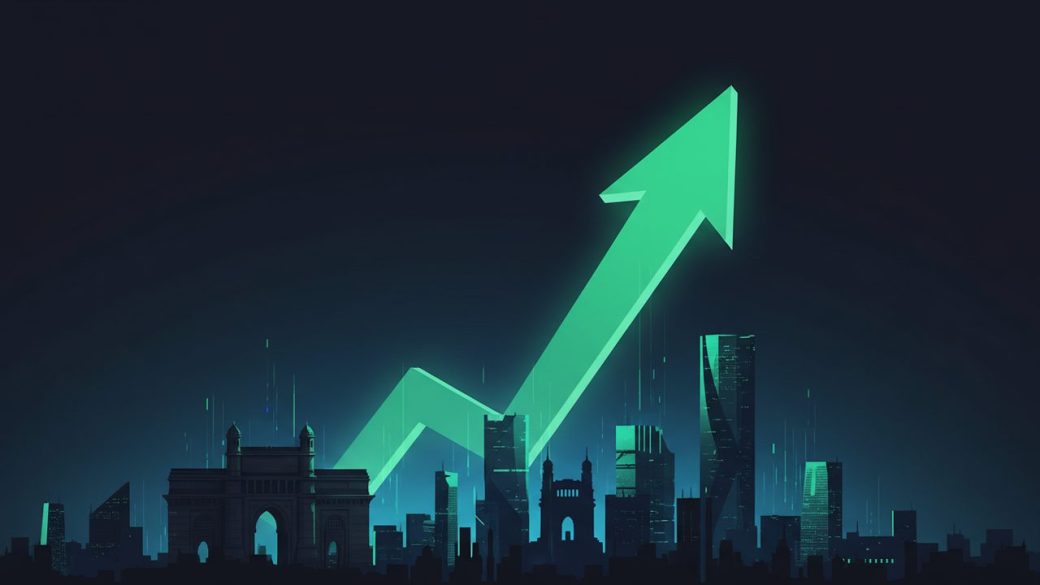 A single rising green stock-market arrow over a stylized Mumbai skyline, dramatic high-contrast lighting, clean dark background, no text