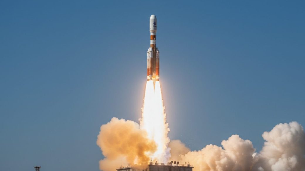 India's LVM3 Bahubali rocket lifting off in a brilliant column of fire and smoke against a clear blue sky, single dramatic focal subject, high-contrast photorealistic composition, clean background, no text or watermark