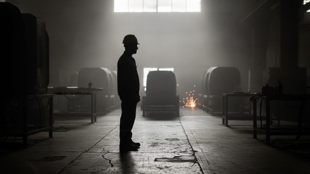 A single factory worker silhouetted on a quiet assembly floor under dramatic high-contrast light, one focal subject, uncluttered background, no text or logos