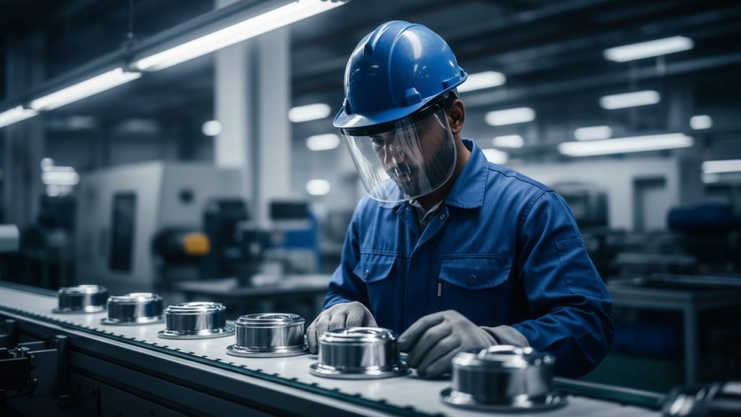 A modern Indian factory worker in a safety helmet inspecting goods on a bright assembly line, clean blurred background, photorealistic news thumbnail.