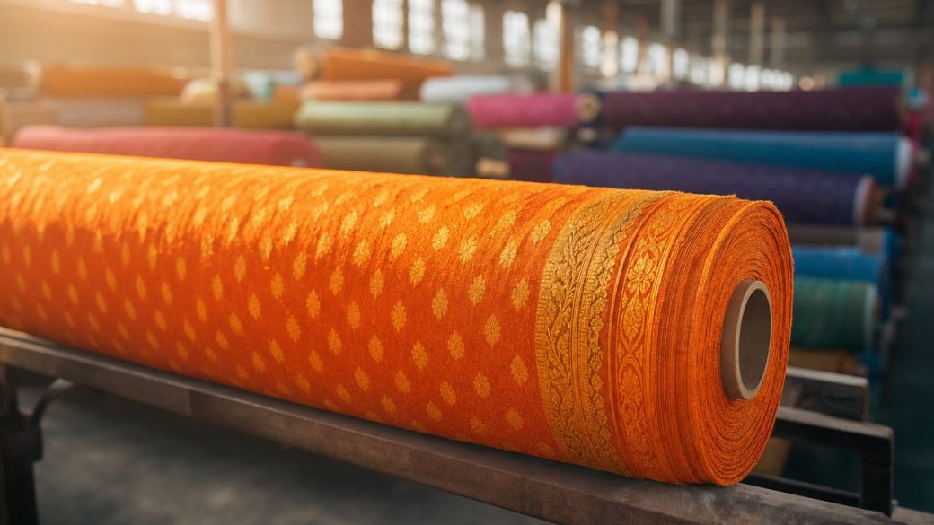 Rolls of colourful Indian textile fabric stacked in a sunlit factory, one bright bolt in sharp focus, clean blurred background, dramatic warm lighting, high contrast, no text