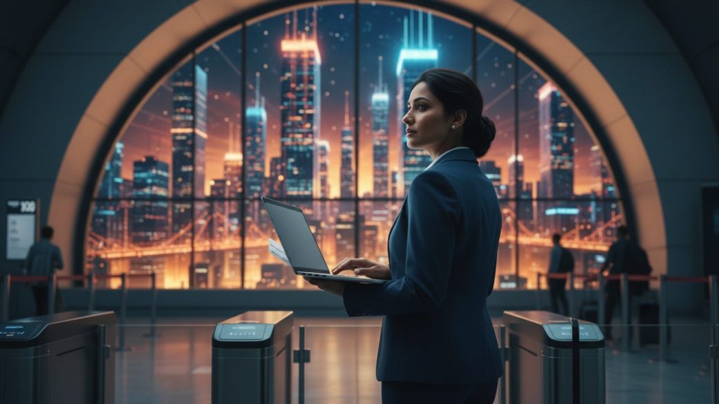 A single Indian AI researcher standing at an airport gate holding a laptop, looking back toward a glowing data center skyline, dramatic warm-and-cool lighting, clean background, photorealistic, high contrast, no text